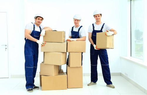 Packed office furniture and boxes ready for relocation