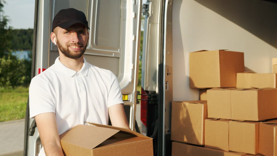 A light grey moving van parked outdoors on a slightly sloped surface, with its side door open revealing stacked packed cardboard boxes and protective foam padding inside. The van is positioned near a 